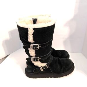 UGG Australia Black Suede and Sheepskin Lined Boots Triple Buckle Women's Size 5